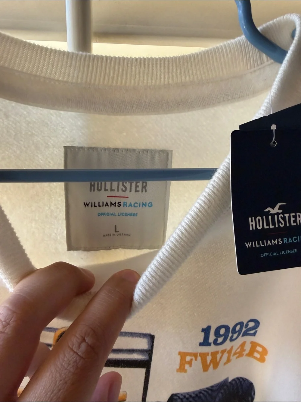 Hollister White Crewneck with Blue & Yellow Racing Car Graphic